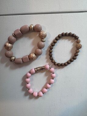 Set of Three Beaded Stretch Bracelets in Blush, Pink & Brown